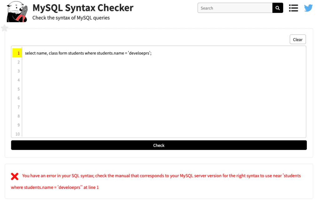 online MySQL syntax checker