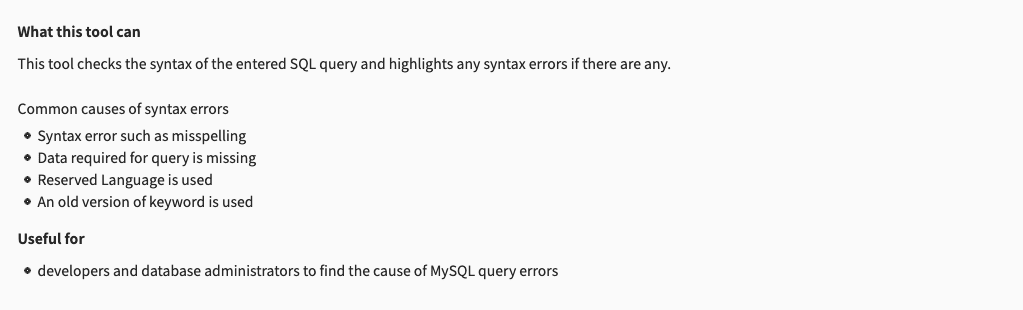 Syntax errors, data required for query missing, reserved language is used/ for MySQL