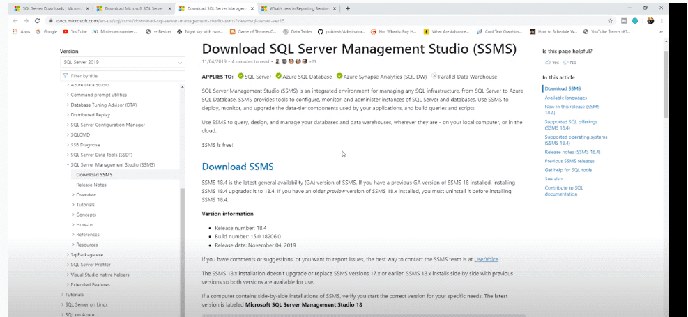 open Microsoft page to download SQL server management studio