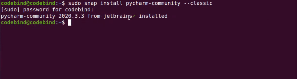 snap command to install pycharm using terminal