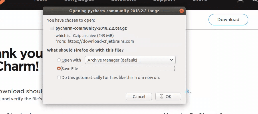 Save pycharm-community-2018....tar.gz file on ubuntu drive